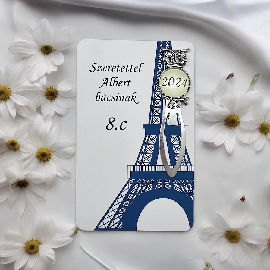 Baglyos könyvjelző ajándékkártyán - Franciatanároknak búcsúzóul, ballagásra 